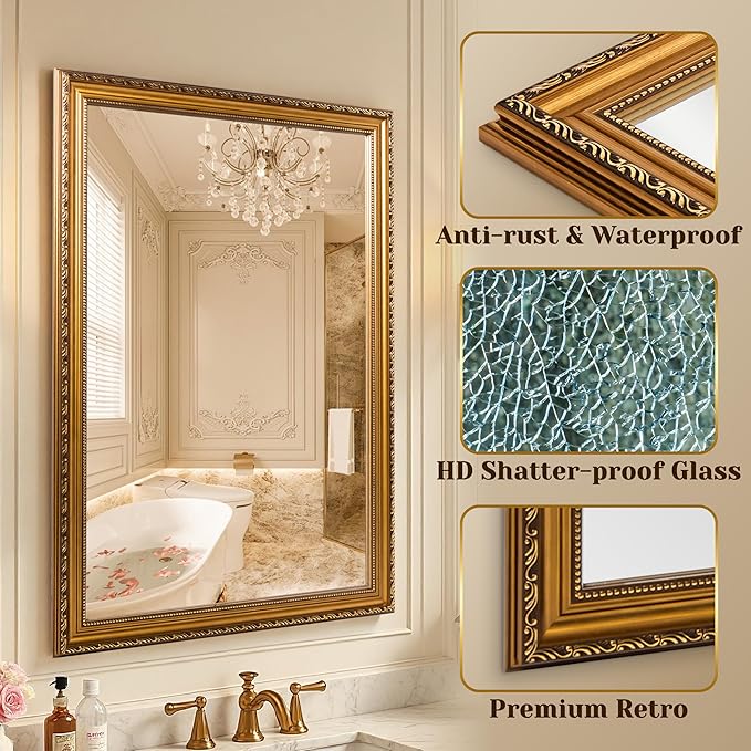 ROLOVE 34x24 Antique Gold Mirror for Wall, Ornate Vintage Wall Decor, Gold Framed Baroque Mirror for Fireplace Mantel, Living Room & Bathroom Vanity, Farmhouse Decor, Horizontal or Vertical