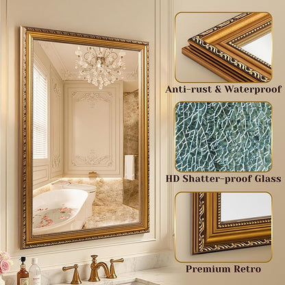 ROLOVE 34x24 Antique Gold Mirror for Wall, Ornate Vintage Wall Decor, Gold Framed Baroque Mirror for Fireplace Mantel, Living Room & Bathroom Vanity, Farmhouse Decor, Horizontal or Vertical