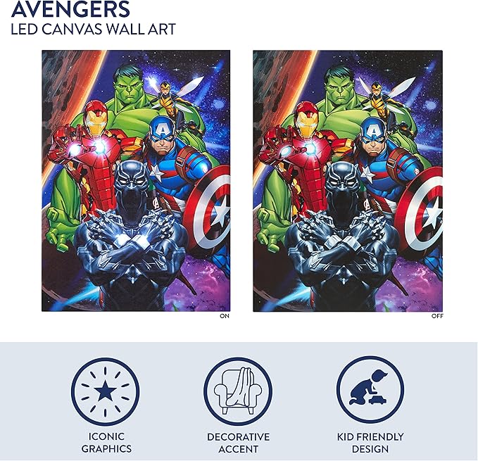 Marvel Avengers LED Canvas Wall Art, Kids Room Décor, Light Up Superhero Wall Hanging, 11.5"x15.75"