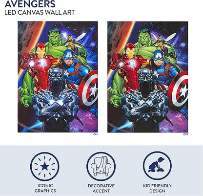 Marvel Avengers LED Canvas Wall Art, Kids Room Décor, Light Up Superhero Wall Hanging, 11.5"x15.75"