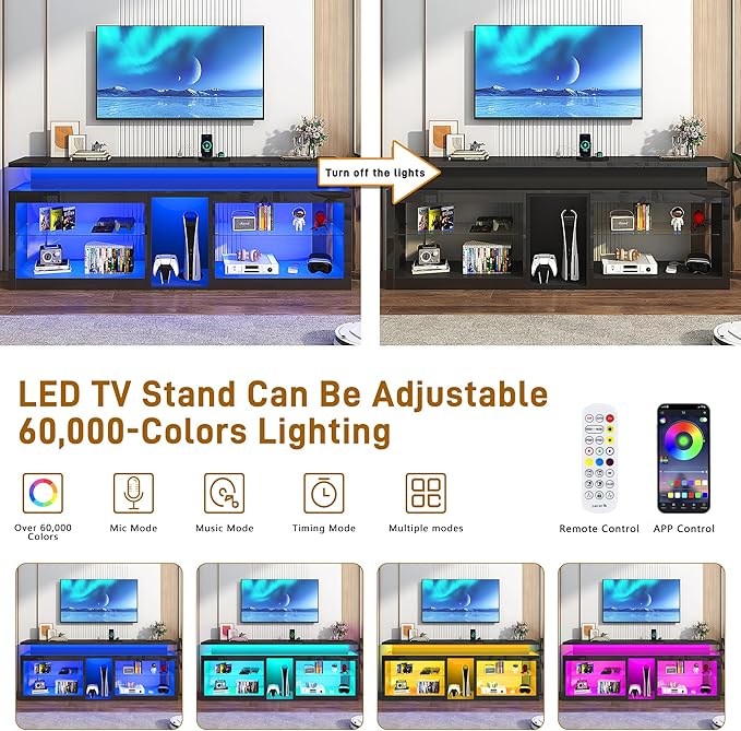 71" LED TV Stand with Power Outlet,60-Colors LED Lights For 65 70 80 in TV,High Gloss Gaming Entertainment Center w/Adjustable Shelves,Black TV Console with Modern Design for Living Room Bedroom