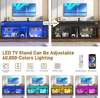 71" LED TV Stand with Power Outlet,60-Colors LED Lights For 65 70 80 in TV,High Gloss Gaming Entertainment Center w/Adjustable Shelves,Black TV Console with Modern Design for Living Room Bedroom
