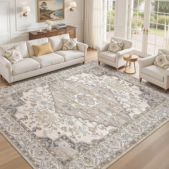 9x12 Washable Area Rugs for Living Room: Non Slip Vintage Brown Rug, Large Soft Stain Resistant Indoor Floor Carpets for Bedroom Dining Room Farmhouse Nursery Home Office Kid & Pet Friendly