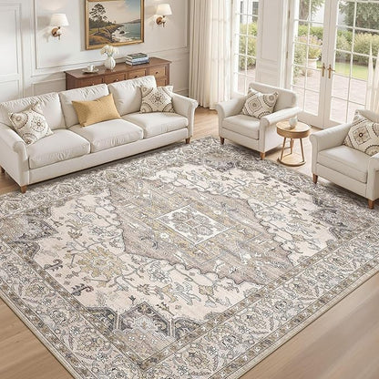 9x12 Washable Area Rugs for Living Room: Non Slip Vintage Brown Rug, Large Soft Stain Resistant Indoor Floor Carpets for Bedroom Dining Room Farmhouse Nursery Home Office Kid & Pet Friendly