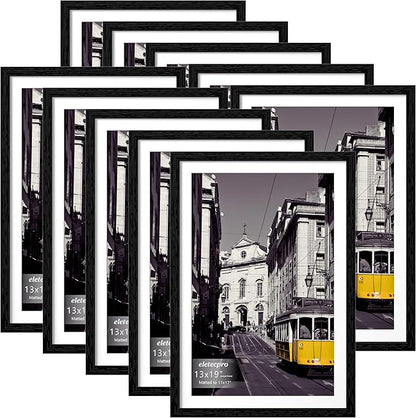 eletecpro 13x19 Picture Frames Set of 10, Gallery Wall Frame Display 11x17 Photo with Mat or 13x19 without Mat, Picture Frame Collage Wall Decor for Wall Mounting, Black