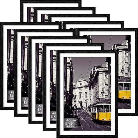 eletecpro 13x19 Picture Frames Set of 10, Gallery Wall Frame Display 11x17 Photo with Mat or 13x19 without Mat, Picture Frame Collage Wall Decor for Wall Mounting, Black