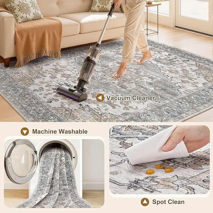 7x9 Washable Area Rugs for Living Room: Non Slip Vintage Gray Brown Rug, Large Soft Stain Resistant Indoor Floor Carpets for Bedroom Dining Room Nursery Home Office Kid & Pet Friendly