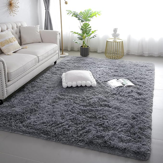 KICHOWUA Area Rug 5x7 Grey Fluffy Shag for Bedroom, Extra Soft Plush Fuzzy Washable Thickened Non-Slip Floor Carpet for Living Room, Cozy Furry Shaggy Rug for Kids Baby Boys Girls Nursery Dorm