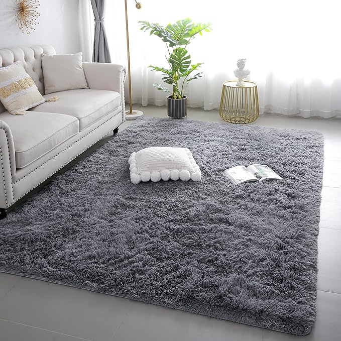 KICHOWUA 6x9 Grey Fluffy Shag Rug for Bedroom Soft Plush Fuzzy Washable Carpet for Living Room, Modern Comfy Shaggy Non Slip Floor Large Area Rugs for Kids Baby Nursery College Dorm Room, Gray