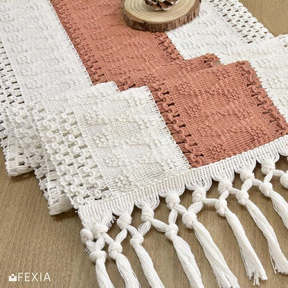 FEXIA Boho Table Runner for Summer Home Decor with Tassels 72 Inches Farmhouse Long Rustic Table Runner Macrame Burlap Centerpieces for Tables Decoration for Living Room Coral (12x72 Inches)