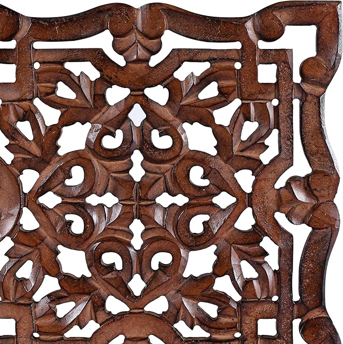Woodify Hand-Carved Wooden Wall Décor – Set of 4, 12" x 12" Decorative Wood Panels, Floral Design, Natural Burnt Finish, Wall Art for Living Room & Home Décor