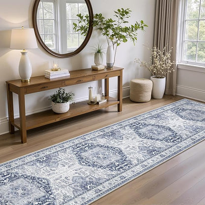 Washable 2x10 Runner Rug - Non Slip Vintage Hallway Runner Rugs for Kitchen, Waterproof Stain Resistant Long Carpet for Living Room Entryway Bedroom Laundry Navy/Blue