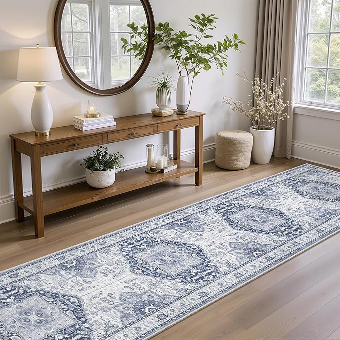 Washable 2.6x12 Runner Rug - Non Slip Long Vintage Hallway Runner Rugs for Kitchen Stain Resistant Indoor Mat Waterproof Carpet for Living Room Entryway Bedroom Laundry Navy/Blue