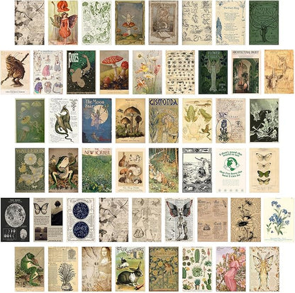 KBKBART Vintage Fairycore Decor Aesthetic Pictures, 50 Pcs Fairycore Room Decor, Retro Cottagecore Earthy Wall Art Vintage Fairy Posters Wall Collage Kit for Dorm Bedroom (4"x6")