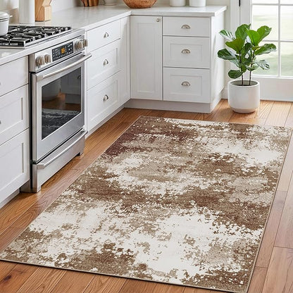 Entryway Rug 3x5 Brown Door Mat Indoor Entrance 36x60, Washable Small Throw Rugs for Kitchen Floor, Entry, Front Door, Bedroom Bedside, Non-Slip Low Pile Stain & Fade Resistant, Abstract Coffee