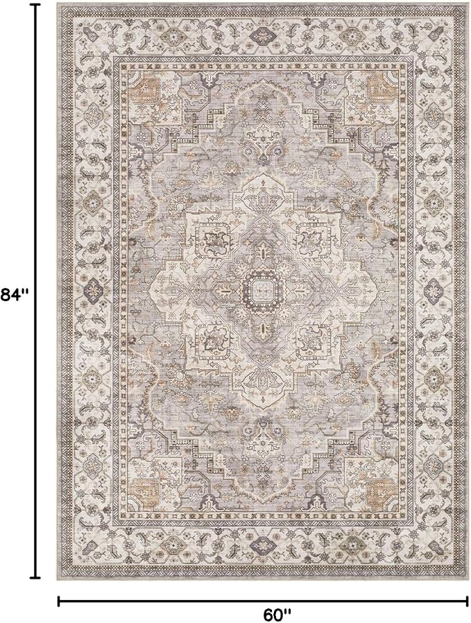 EIEIHOUSE Washable Area Rugs for Living Room - 7x9 Neutral Vintage Distressed Floral Farmhouse Boho Large Soft Floor Rug Indoor Non Slip Carpet for Living Room Bedroom Dining Room Office - Grey Brown