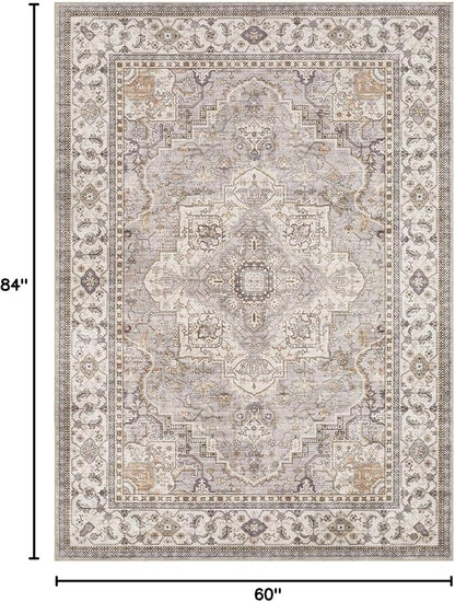 EIEIHOUSE Washable Area Rugs for Living Room - 7x9 Neutral Vintage Distressed Floral Farmhouse Boho Large Soft Floor Rug Indoor Non Slip Carpet for Living Room Bedroom Dining Room Office - Grey Brown