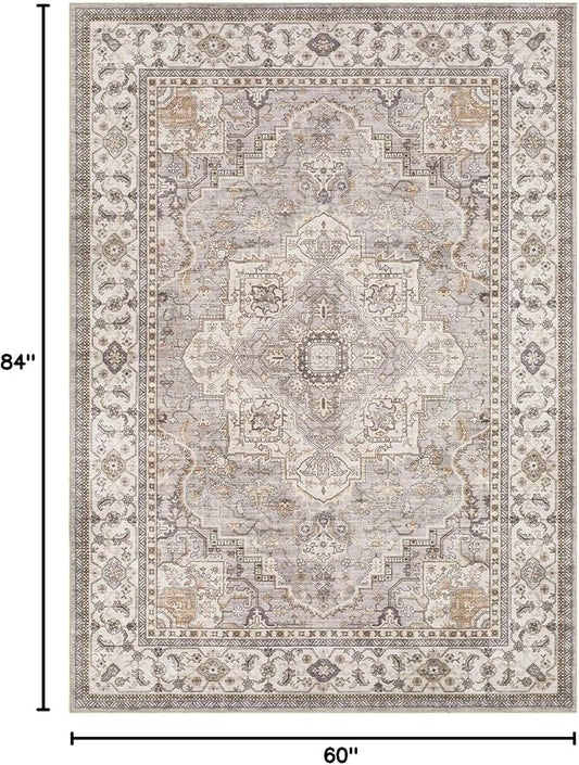 EIEIHOUSE Washable Area Rugs for Living Room - 7x9 Neutral Vintage Distressed Floral Farmhouse Boho Large Soft Floor Rug Indoor Non Slip Carpet for Living Room Bedroom Dining Room Office - Grey Brown