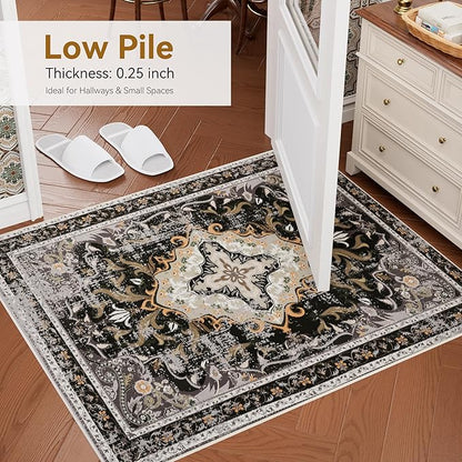 RUSHUFFY 8x10 Washable Area Rugs for Living Room, Non-Slip Large Boho Vintage Retro Print Pattern Carpet for Bedroom Dorm Dining Room Farmhouse Nursery Home Office, Black & Gold
