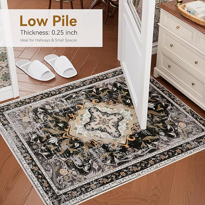 RUSHUFFY 5x7 Washable Area Rugs for Bedroom, Vintage Boho Distressed Print Pattern Rugs for Living Room, Soft Non-Slip Carpet for Indoor Dining Room Nursery Farmhouse Girls Room, Black & Gold