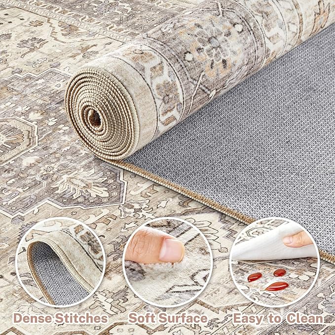 2x3 Rug Small Area Rugs: Washable Boho Neutral Vintage Soft Indoor Floor Oriental Carpet Farmhouse Floral Low Pile Non Slip Throw Carpet for Kitchen Entryway Bedroom Nursery Entry- Brown