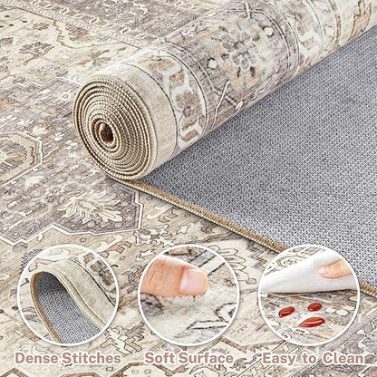 2x3 Rug Small Area Rugs: Washable Boho Neutral Vintage Soft Indoor Floor Oriental Carpet Farmhouse Floral Low Pile Non Slip Throw Carpet for Kitchen Entryway Bedroom Nursery Entry- Brown