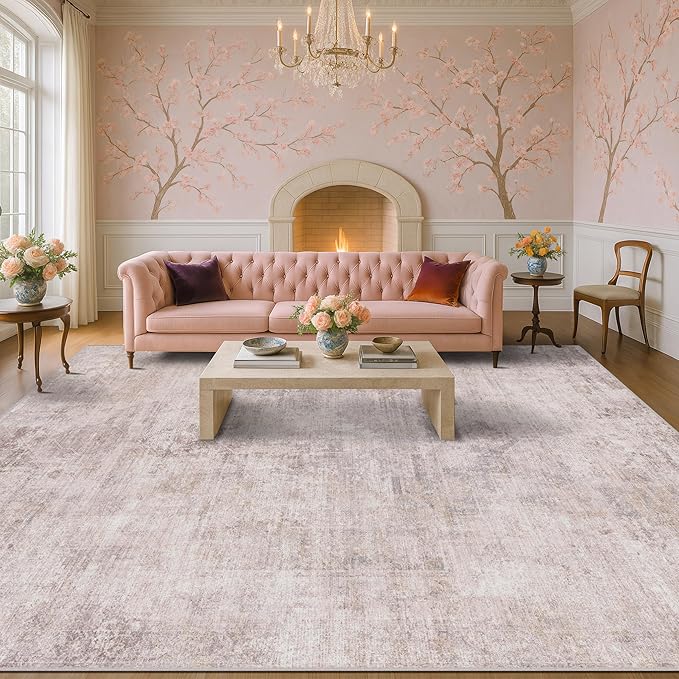 Hazo Haus Modern 10x12 Area Rug for Living Room - Large Bedroom Rug Under Bed, Pink and White Distressed Medallion Pattern, Ultra Soft Washable Non Slip Lightweight Thin Foldable