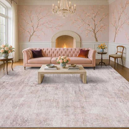 Hazo Haus Modern 10x12 Area Rug for Living Room - Large Bedroom Rug Under Bed, Pink and White Distressed Medallion Pattern, Ultra Soft Washable Non Slip Lightweight Thin Foldable