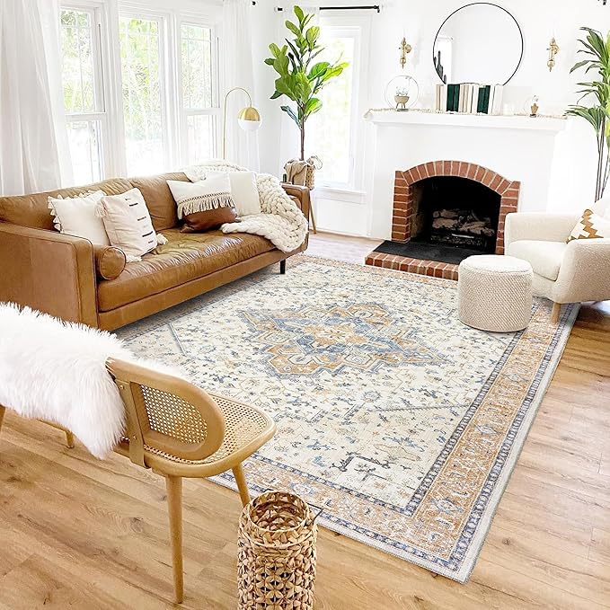 BILEEHOME Orange and Blue Coloful Rug for Living Room,Machine Washable Bright Colored Multi Color Area Rugs 5x7