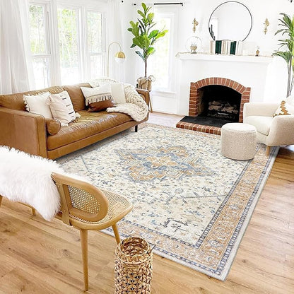 BILEEHOME Orange and Blue Coloful Rug for Living Room,Machine Washable Bright Colored Multi Color Area Rugs 5x7