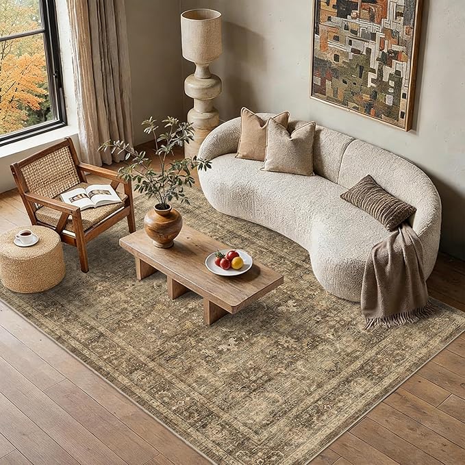 5x7 Brown Washable Area Rugs for Living Room Non Slip Low Pile Vintage Boho Throw Rug Soft Retro Distressed Floral Carpet Indoor Farmhouse Decor for Bedroom Dining Room Office Kitchen Playroom
