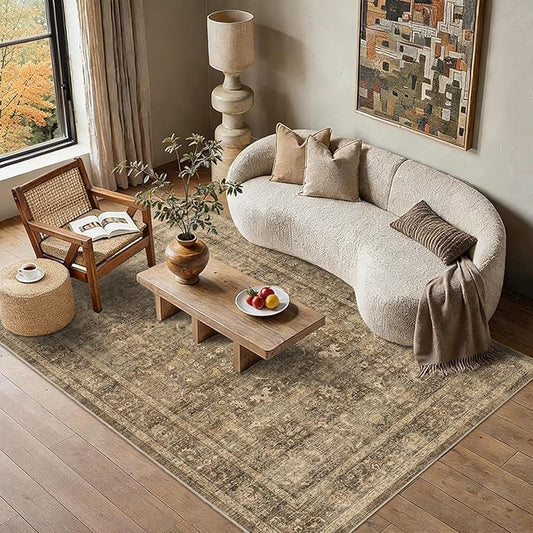 5x7 Brown Washable Area Rugs for Living Room Non Slip Low Pile Vintage Boho Throw Rug Soft Retro Distressed Floral Carpet Indoor Farmhouse Decor for Bedroom Dining Room Office Kitchen Playroom