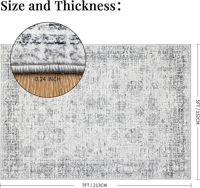 Washable 5x7 Area Rug: Modern Large Rugs for Living Room Dining Room Bedroom Office Indoor - Non-Slip Carpet Home Decor - 5x7 Light Grey