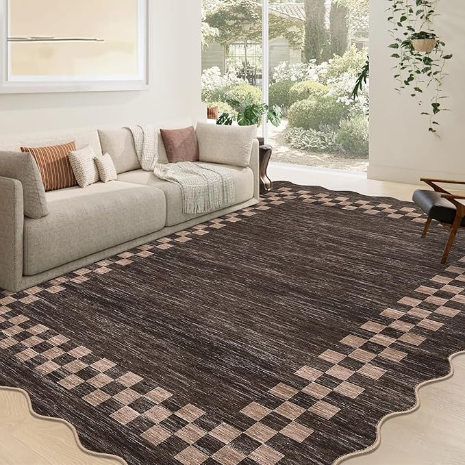 GarveeHome 4x6 Area Rug Small Washable Living Room Rug Scalloped Rug with Rubber Backing Stain Resistant Low Pile Dining Room Throw Carpet Modern Bordered Mat for Bedroom Kitchen, Brown