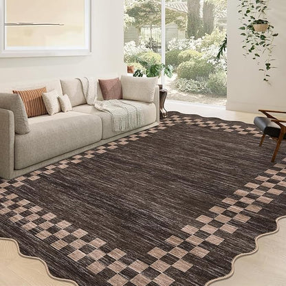 GarveeHome 4x6 Area Rug Small Washable Living Room Rug Scalloped Rug with Rubber Backing Stain Resistant Low Pile Dining Room Throw Carpet Modern Bordered Mat for Bedroom Kitchen, Brown