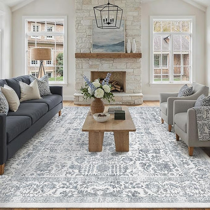 PureCozy Navy Blue Area Rug 6x9 Machine Washable Vintage Living Room Distressed Non Slip Carpet Traditional Indoor Bedroom Retro Floral Accent Throw Large Rug for Office Kitchen Dining Room