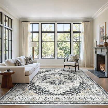 zesthome 5x7 Area Rugs, Machine Washable Rugs for Living Room, Bedroom,Stain Resistant Vintage Large Area Rug,Non-Slip Medallion Pattern Home Decor Rugs (Black,5'x7')