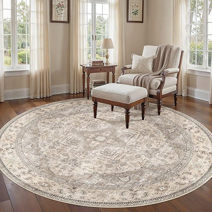 EIEIHOUSE 8ft Round Rugs for Living Room - Washable Neutral Vintage Distressed Farmhouse Large Soft Floor Area Rug Indoor Carpet for Bedroom Dining Room Office - Brown/Multi