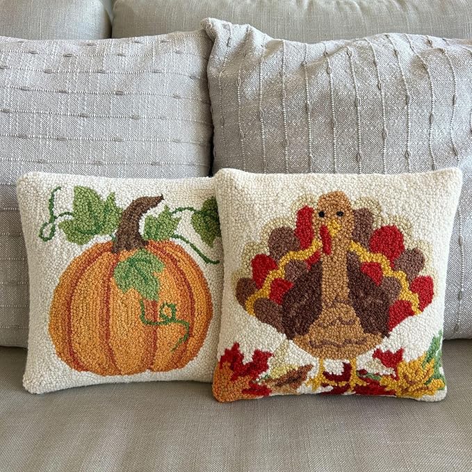 Hand Hooked Thanksgiving Pillow - 12X12 inches Throw Pillow for Couch or Dorm (Turkey)