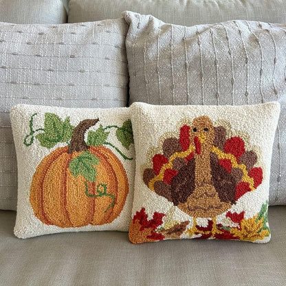 Hand Hooked Thanksgiving Pillow - 12X12 inches Throw Pillow for Couch or Dorm (Turkey)