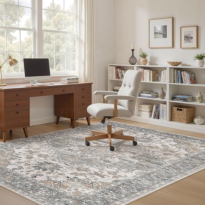 7x9 Washable Area Rugs for Living Room: Non Slip Vintage Gray Brown Rug, Large Soft Stain Resistant Indoor Floor Carpets for Bedroom Dining Room Nursery Home Office Kid & Pet Friendly