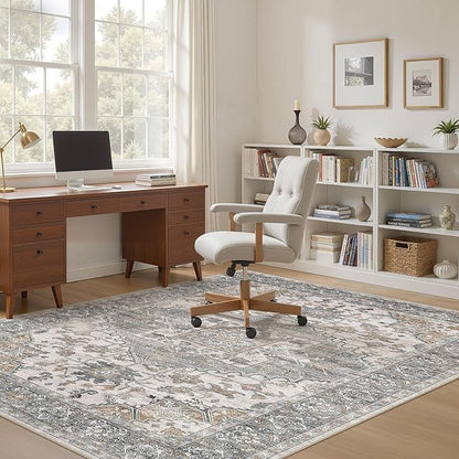 7x9 Washable Area Rugs for Living Room: Non Slip Vintage Gray Brown Rug, Large Soft Stain Resistant Indoor Floor Carpets for Bedroom Dining Room Nursery Home Office Kid & Pet Friendly
