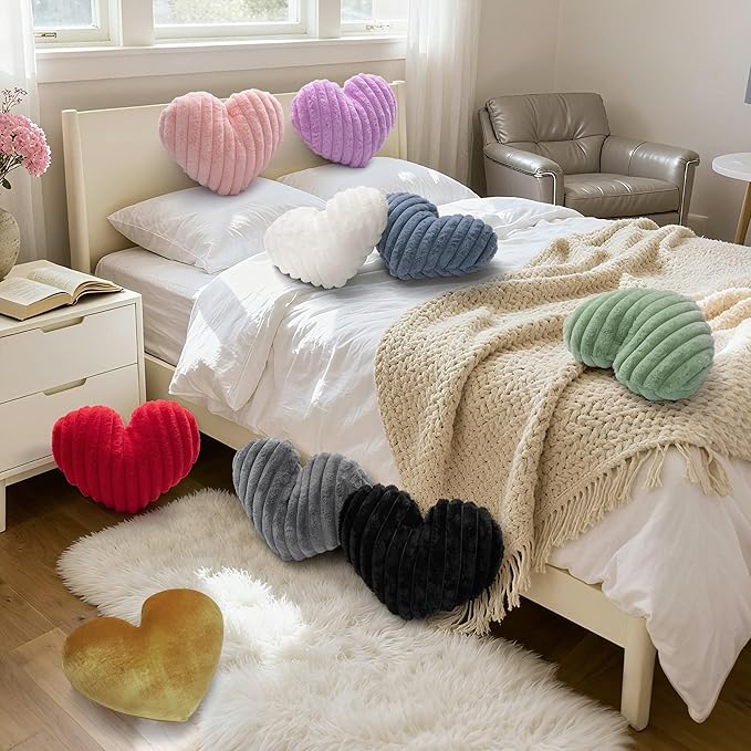 16 Inch White Heart Pillow Cute Decorative Throw Pillows, Heart Shaped Soft Fluffy Faux Fur Pillows Cushions for Couch Chair Bed Bedroom Room Home Decor Aesthetic (1, White, Medium-16 x13)