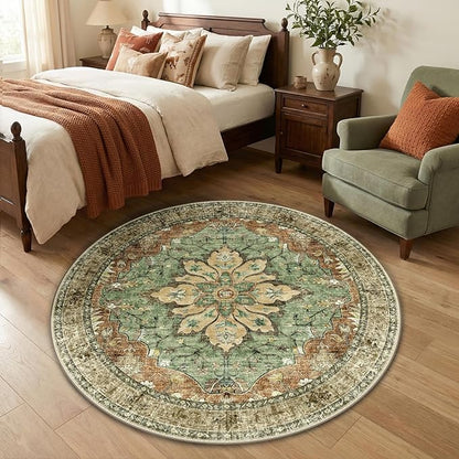 RELEANY Area Rugs Round 4ft Washable Non-Slip, Floral Vintage Distress Print Pattern Medallion Carpet for Living Room Bedroom Dining Room, Brick Red Rust Neutral Brown Burnt Orange Green