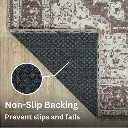 Bloom Rugs Washable Non-Slip 12 ft Runner - Dark Brown Traditional Medallion Runner for Entryway, Hallway, Bathroom, and Kitchen - Exact Size: 2.5' x 12'