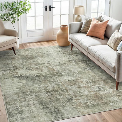 Soalmost Area Rug 6x9 Abstract Living Room Washable Rugs Green Black Non Slip Low Pile Carpet for Bedroom Dining Room Foldable Thin