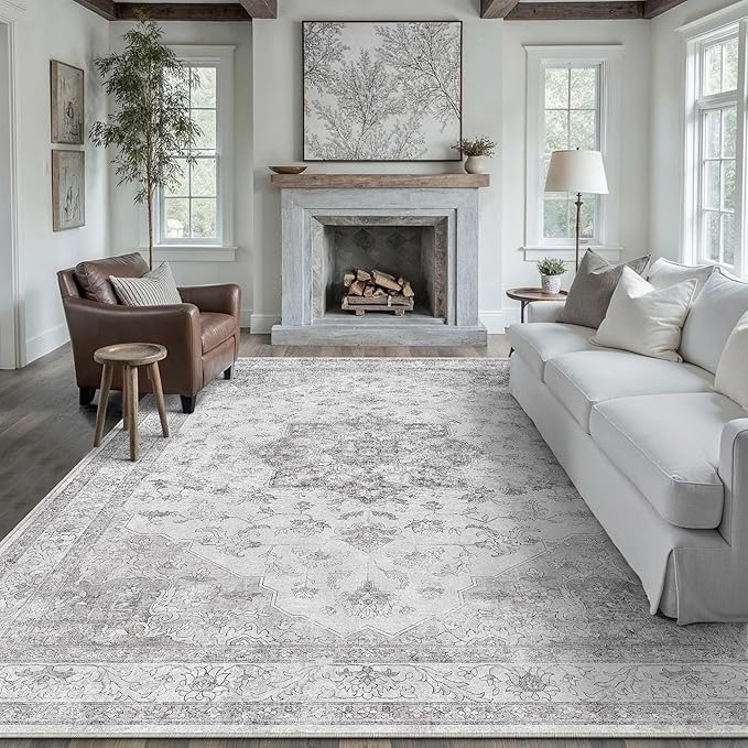 PureCozy Grey Gray Area Rug 6x9 Washable Vintage Carpet for Living Room Bedroom Large Soft Retro Low Pile Thin Indoor Rug Non Slip Oriental Medallion Floor Cover for Dining Room Office