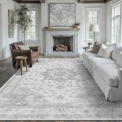 PureCozy Gray Area Rug 9x12 Washable Living Room Carpet Vintage Non Slip Soft Bedroom Indoor Office Retro Grey Low Pile Thin Oriental Medallion Large Rug for Dining Room Bathroom Playroom