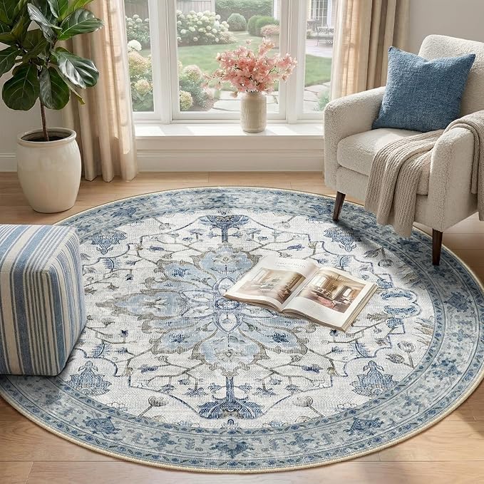 RELEANY Area Rugs Round 4ft Washable Non-Slip, Floral Vintage Distress Print Pattern Medallion Carpet for Living Room Bedroom Dining Room, Light Blue Navy Beige Gray White
