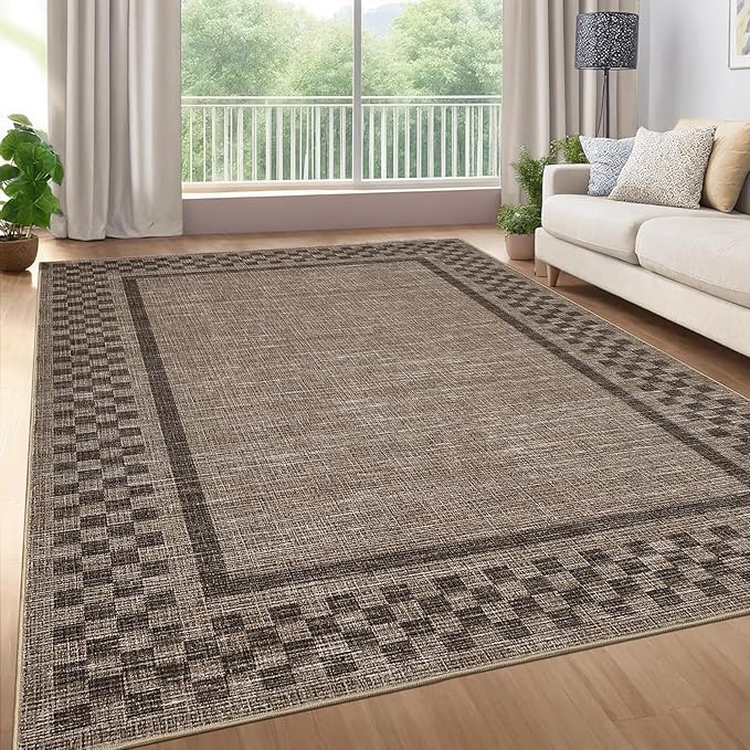 GarveeHome Washable Area Rugs 8x10 Non Slip Soft Large Living Room Rug Modern Checkered Bedroom Rug Soft Geometric Bordered Throw Carpet for Dining Room Home Decor Office Nursery, Brown